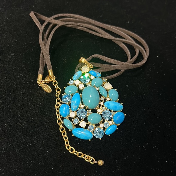 #4 Vintage Joan Rivers Pendant, Turquoise & Crystals Set in Gold,17" + 3" - Picture 5 of 9